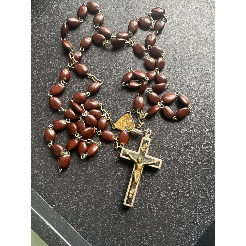 Vintage Wood Rosary Necklace Hinged Crucifix Domenicani Catholic 23 Inch